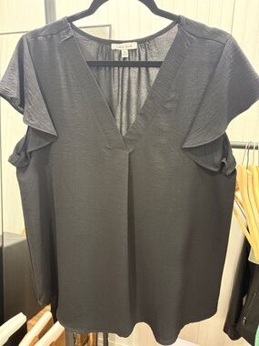 white birch Black V-Neck Flutter Sleeve Blouse